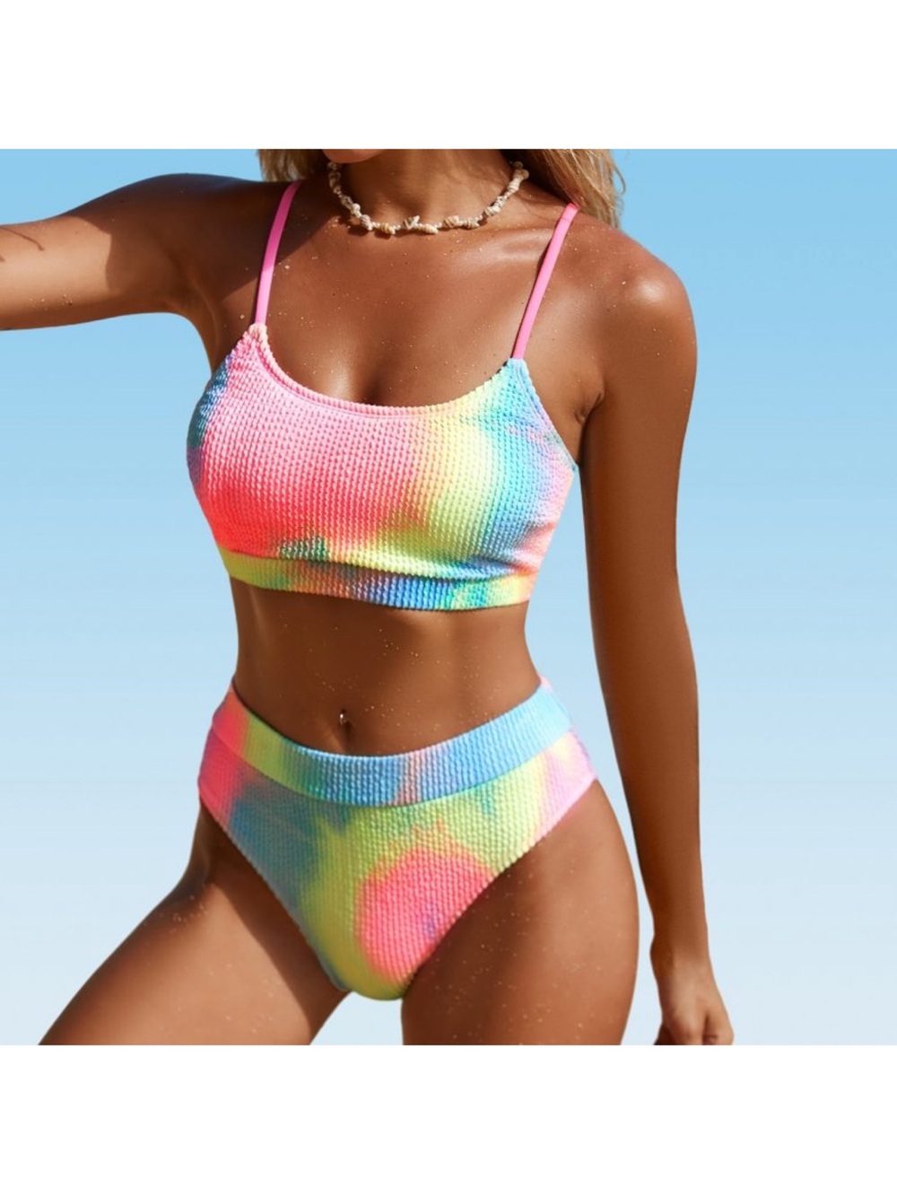 Cupshe Women’s Neon Tie-Dye Textured  Scoop Neck High Waist Bikini Set- XL